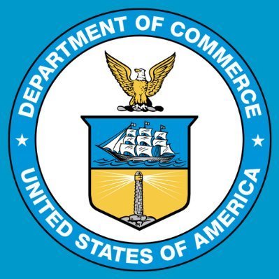 Official seal of the United States Department of Commerce, featuring an eagle perched above a ship and lighthouse design in blue and gold.