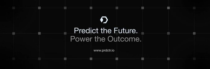 A black promotional banner with a logo and text reading 'Predict the Future. Power the Outcome.' along with the website 'www.prdct.io'.