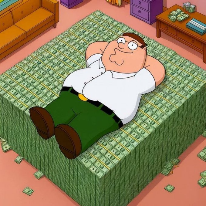 An animated cartoon scene of a heavyset character in a white shirt and green pants lying contentedly atop a massive bed made entirely of stacked bundles of cash.