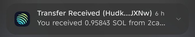 A mobile notification shows 'Transfer Received (Hudk...JXNw)' for '0.95843 SOL from 2ca...' with the Phantom wallet logo.