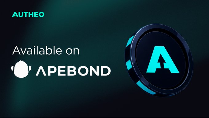 A promotional banner reading 'AUTHEO Available on APEBOND' featuring a stylized 3D coin logo with the letter 'A' on a dark teal background.