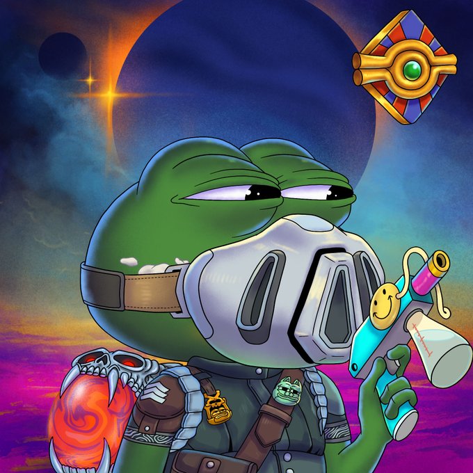 A digital artwork of a Pepe the Frog character dressed as a post-apocalyptic warrior with a gas mask, holding a colorful sci-fi gun, with a smaller red dragon-like creature on his shoulder against a cosmic background.
