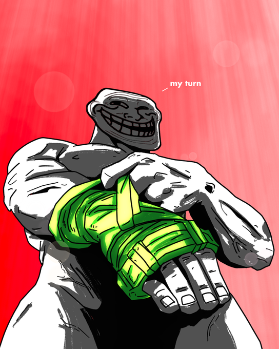 A digital illustration of the 'Trollge' or 'Gigachad' meme character with a muscular white body and smug grin against a red background, wearing a green glove with 'my turn' pointing to his face.