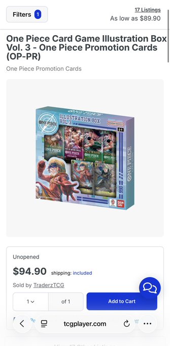 A TCGplayer listing shows a sealed "One Piece Card Game Illustration Box Vol. 3 - One Piece Promotion Cards (OP-PR)" selling for $94.90 with free shipping from seller TraderzTCG, representing a significant price increase from the poster's original $30 purchase.