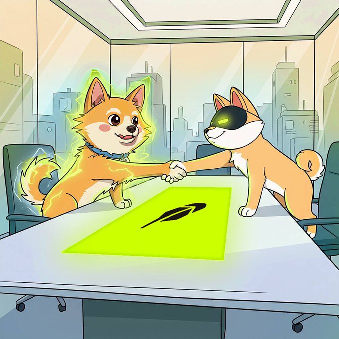 Two cartoon Shiba Inu dogs shake paws across a corporate conference table, one wearing a black eye mask and the other glowing with neon green energy, with a green emblem resembling a stylized "A" between them—symbolizing the partnership between AI ($AI) and quantum computing ($QUBIT) as referenced in the post.
