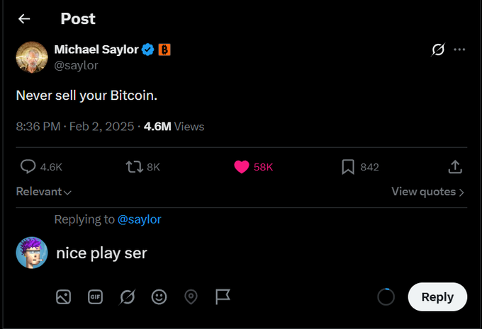 In the image, there is a Twitter account called @saya that has posted a funny message about a friend's Bitcoin purchase. The message reads: "Never sell your Bitcoin! 836 PM @ February 2, 2015 4M views". The context of this post is related to the hashtag #bitcoin and the user's name being #saylor. The message seems light-hearted and humorous, with a playful tone, as it is replying to someone else who has posted a nice play or "Nice play, ser Saylor". This interaction suggests that @saya is engaging in a conversation with their followers about Bitcoin transactions and the purchase process.