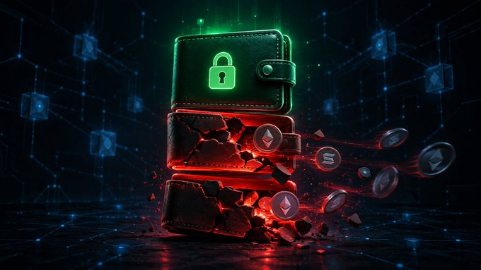 A 3D digital illustration showing a green wallet with a padlock symbol sitting atop a cracked red wallet, with Ethereum coins floating away amid a shattered digital landscape.