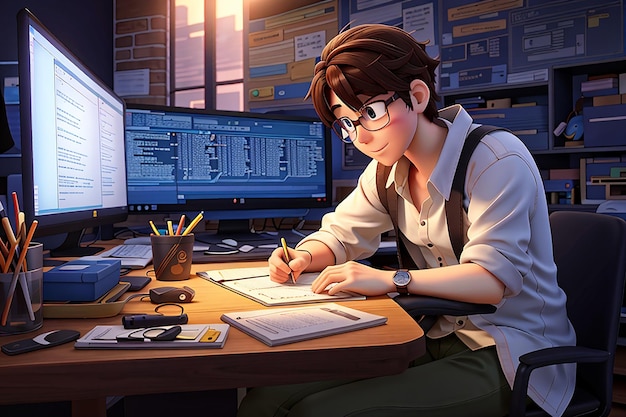 An anime-style illustration shows a young man with brown hair and glasses sitting at a desk with dual computer monitors displaying code, writing in a notebook with a pencil.