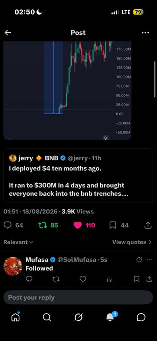 A Twitter/X post by 'jerry ♦ BNB' (@jerry) showing a chart with a massive blue volume spike, claiming they deployed $4 ten months ago that ran to $300M in 4 days on the BNB trenches, with 3.9K views.