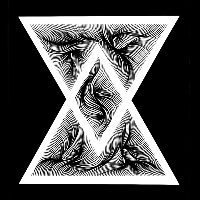 A black and white optical illusion artwork featuring a bowtie/hourglass shape filled with flowing, wave-like line patterns that create a sense of movement and three-dimensional depth.