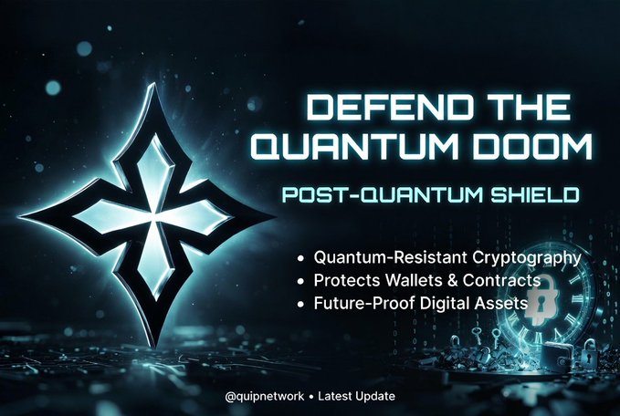 A futuristic cyan-and-black digital graphic promotes "@quipnetwork"'s "DEFEND THE QUANTUM DOOM" post-quantum shield initiative, featuring a glowing four-pointed star emblem on the left, a circuit board background with a Bitcoin icon and padlock on the right, and a bullet-point list highlighting "Quantum-Resistant Cryptography," "Protects Wallets & Contracts," and "Future-Proof Digital Assets." The dark, tech-inspired design visually reinforces the post's urgent message about the looming threat of quantum computing breaking today's legacy encryption.