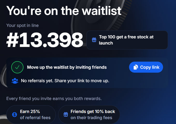 Waitlist confirmation screen showing spot #13,398, offering a free stock to the top 100 and showing a 25% referral fee offer.