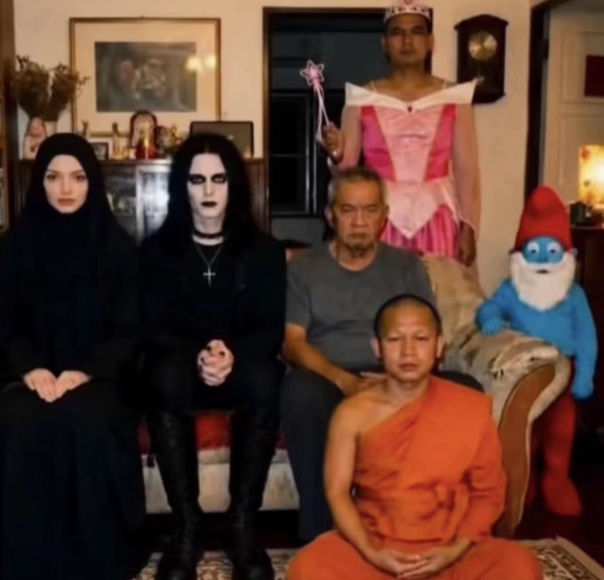 A group of people in diverse and eccentric costumes, including a figure in a pink princess dress and a person in monk robes, are posed together in a living room. The image serves as a humorous metaphor for the unpredictable and chaotic variety of characters found in an "average crypto group chat."