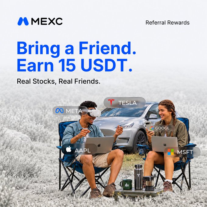The image is a MEXC "Referral Rewards" ad featuring a man wearing a Meta VR headset and a woman sitting in camping chairs with laptops beside a Tesla, surrounded by floating stock tickers (AAPL, META, TSLA, GOOGL, MSFT), promoting their "Bring a Friend. Earn 15 USDT. Real Stocks, Real Friends." campaign.