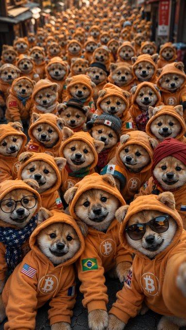 A dense crowd of Shiba Inu dogs wearing orange hoodies and Bitcoin (₿) logos, many adorned with national flags and accessories like sunglasses and beanies.