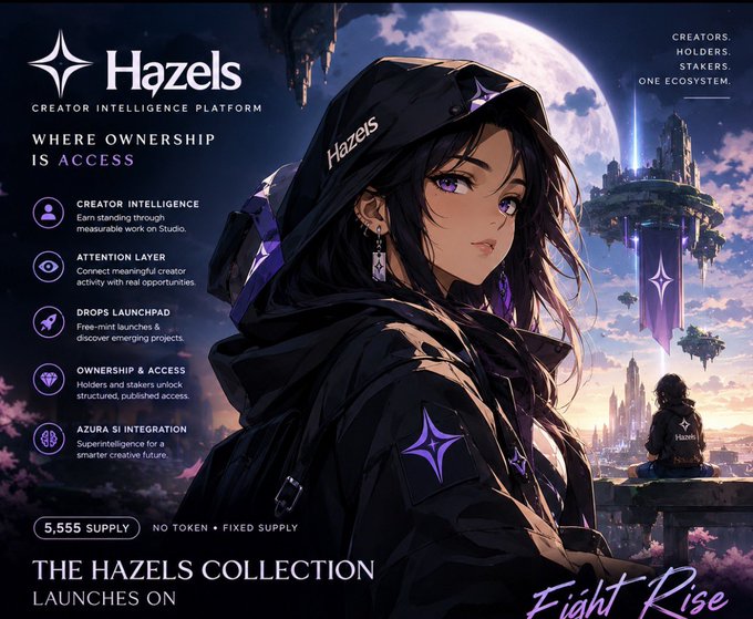 A promotional graphic for 'Hazels - Creator Intelligence Platform' featuring an anime-style character in dark clothing, listing features like Creator Intelligence, Attention Layer, Drops Launchpad, Ownership & Access, and Azura SI Integration, with text reading 'THE HAZELS COLLECTION LAUNCHES ON Eight Rise' and '5,555 SUPPLY • NO TOKEN • FIXED SUPPLY'.