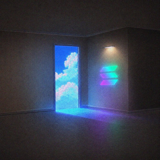 A dimly lit room opens through a doorway to a surreal sky of cotton-candy clouds, while a glowing Solana logo projects vibrant rainbow hues onto the adjacent wall, reflecting off the floor to suggest that every illuminated route—literal or digital—leads to Solana.