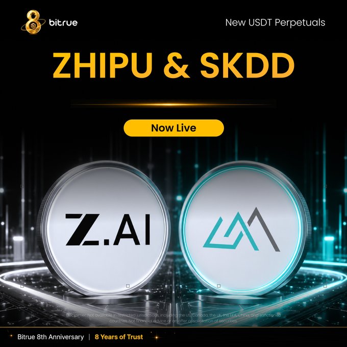 Bitrue promotional graphic announcing the launch of new ZHIPU/USDT and SKDD Perpetual contracts, featuring the Bitrue logo, "Now Live" button, and stylized 3D coin renderings of the Z.AI and SKDD tokens alongside the text "New USDT Perpetuals" and "Bitrue 8th Anniversary, 8 Years of Trust."