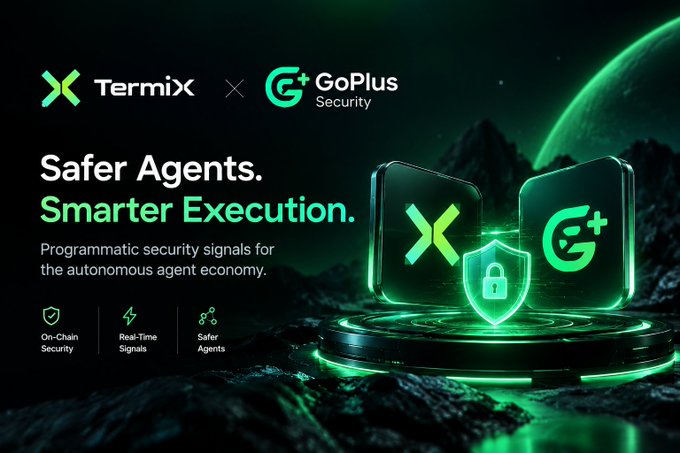 A promotional graphic for TermiX x GoPlus Security featuring the tagline 'Safer Agents. Smarter Execution.' and highlighting 'On-Chain Security', 'Real-Time Signals', and 'Safer Agents' features.