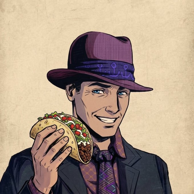 A cartoon-style illustration of a well-dressed man in a purple fedora and suit smiling while holding up a loaded taco with a beefy grin, fitting the "GM & happy taco tuesday homies" post by combining a cheerful crypto-style character with a festive taco.