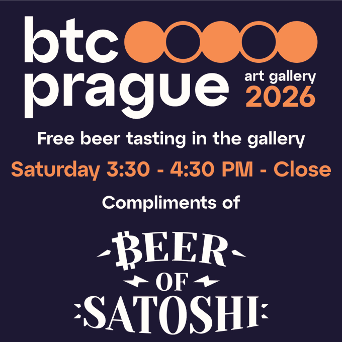 The image features an advertisement for an art gallery event called "Beer of Satoshi". The poster displays a blue background, white text, and several circles representing the Bitcoin logo. It also includes details about the event, such as the date (Wednesday, October 26), time (3:30 PM - 4:30 PM), and location (the gallery). The advertisement encourages attendees to "Check out the Bitcoin-Only art gallery @BTCPrague here" and invites them to join for a free beer tasting in the gallery.