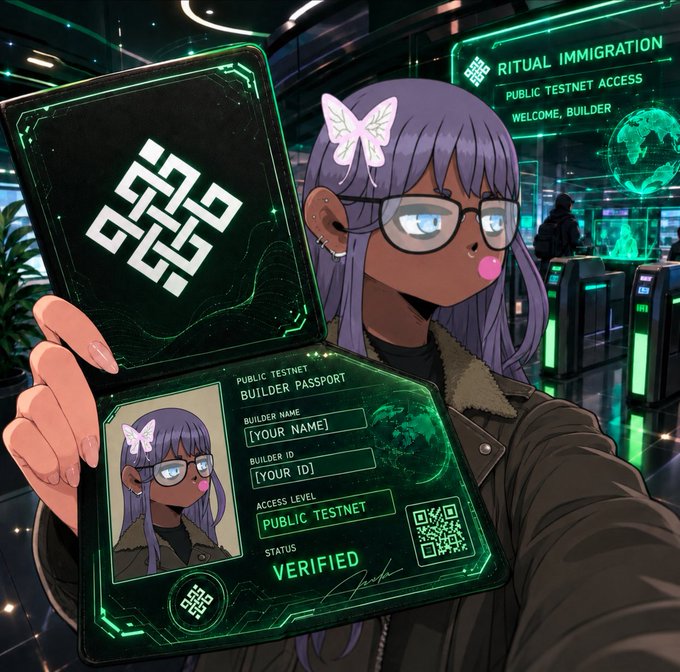 Anime-style digital illustration of a girl with purple hair and glasses holding up a 'PUBLIC TESTNET BUILDER PASSPORT' with a QR code. A sign in the background reads 'RITUAL IMMIGRATION / PUBLIC TESTNET ACCESS / WELCOME, BUILDER'.