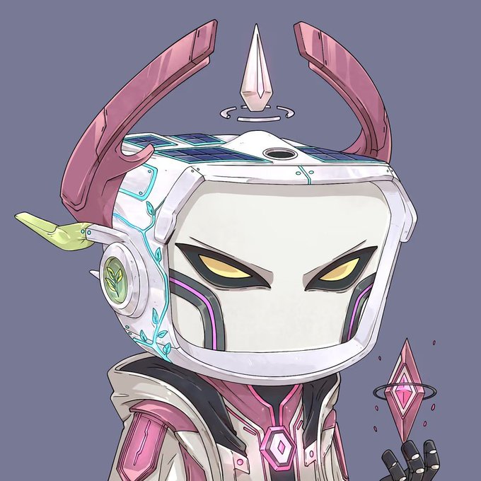 A digital illustration of a cute mecha or robot character with a white helmet featuring pink and teal accents, yellow eyes, and floating crystal elements around it.