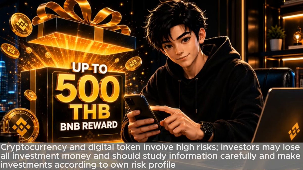 In the image, a man wearing a black sweatshirt is sitting at a desk with his laptop open in front of him. He's holding a cell phone that appears to be a cellphone for trading cryptocurrency, like Bitcoin or Etherium. The text in the image promotes a rewards program offering 500 THB (Thibor) in BNB rewards for every cryptocurrency taken by users who make their first deposit and first trade. The post also encourages crypto investors to study information carefully before making any investments because some information might be taken at your own risk profile, indicating that not all risks are equal for all investors.