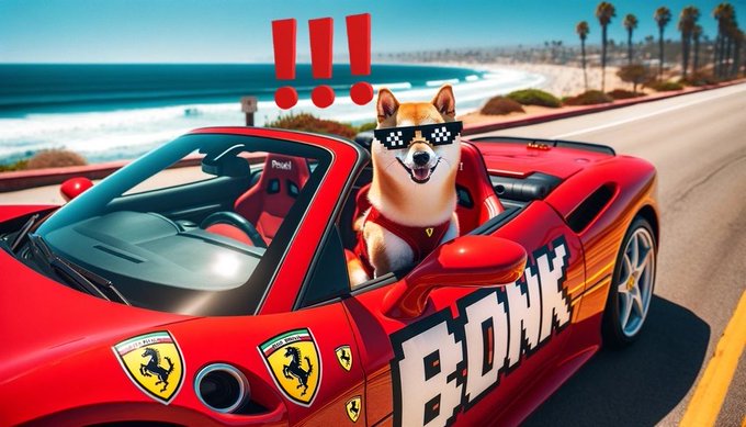 An AI-generated image shows a Shiba Inu dog wearing pixelated 'thug life' sunglasses sitting in a red Ferrari convertible labeled 'BDNE' with Ferrari logos, driving along a coastal road with three red exclamation marks above its head.