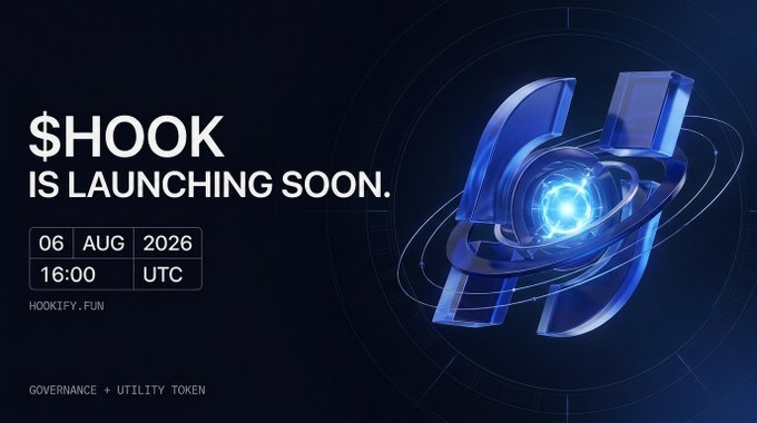 Launch announcement graphic for the '$HOOK' governance and utility token, stating it is launching on August 6, 2026 at 16:00 UTC at HOOKIFY.FUN, with a 3D blue hook logo.
