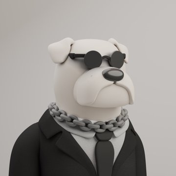 A 3D rendered character featuring a white dog head wearing round black sunglasses, dressed in a black suit jacket, white shirt, black tie, and a chunky silver chain necklace.