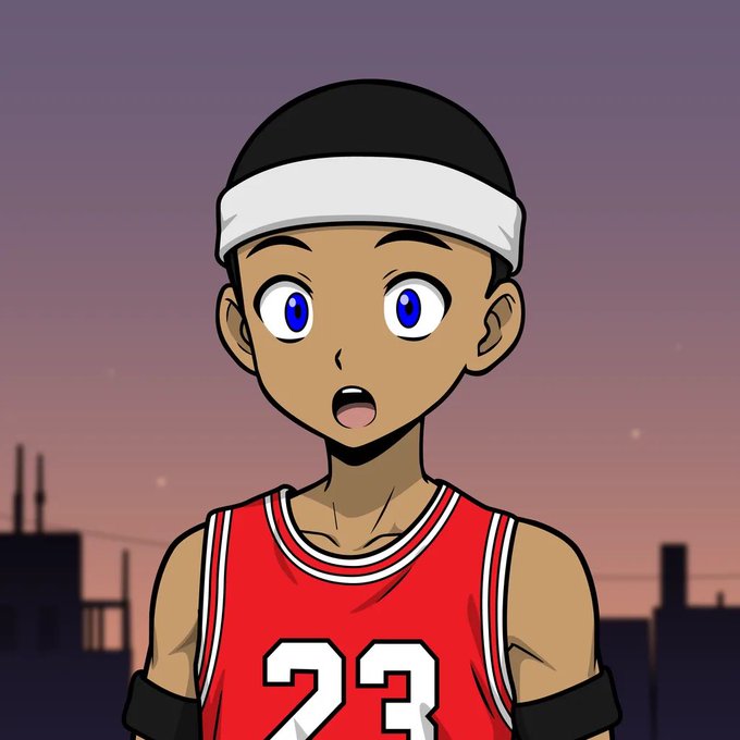 A digital cartoon illustration shows a young boy with wide eyes wearing a red basketball jersey with the number 23 and a white headband.