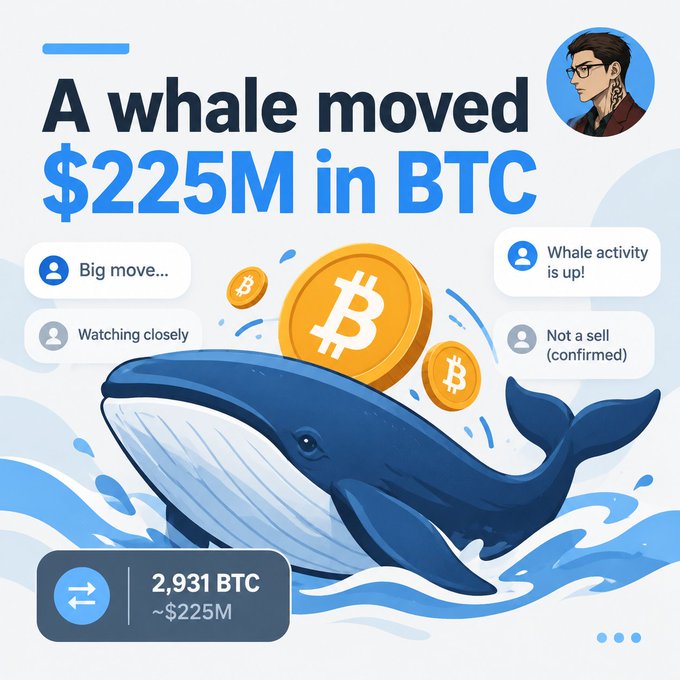 An illustrated infographic about cryptocurrency displays a blue whale carrying Bitcoin coins, with text reading 'A whale moved $225M in BTC,' '2,931 BTC,' and '~$225M.'