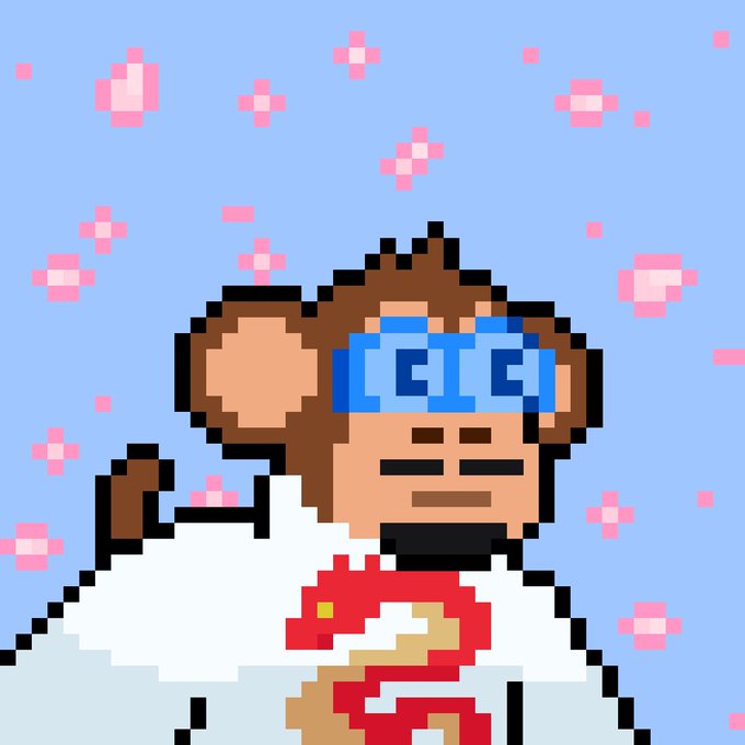 Pixel art style illustration of a monkey character wearing blue sunglasses and a white outfit, holding a red item, set against a pink cherry blossom background.