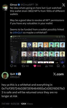 A screenshot of a tweet thread from Cirrus (@CirrusNFT_) warning that the @0xQuilt wallet was drained of 3832 NFTs and appears to be a potential whitehat operation.