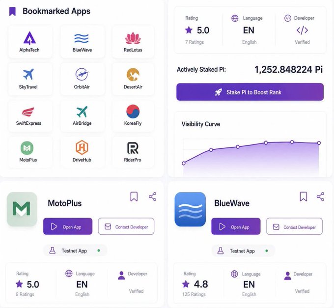The image displays a "Bookmarked Apps" dashboard showcasing various Pi Network ecosystem applications including AlphaTech, BlueWave, RedLotus, SkyTravel, OrbitAir, DesertAir, SwiftExpress, AirBridge, KoreaFly, MotoPlus, DriveHub, and RiderPro, with featured apps MotoPlus (5.0 rating, 9 ratings) and BlueWave (4.8 rating, 125 ratings) showing 1,252.848224 Pi actively staked. This visual reinforces the post's message about Pi Network's growing ecosystem by illustrating the diverse range of utilities—spanning travel, automotive, and technology sectors—already being bookmarked and staked by users as the platform prepares for Open Mainnet expansion.