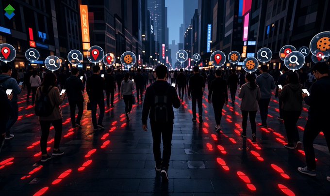 A digital illustration of a busy city street at night where people are walking and looking at phones, with floating search and location icons above them and red footprint-like markers on the ground.