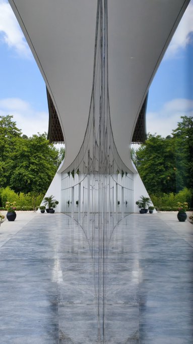 A modern architectural structure with striking vertical metallic columns and a sweeping white canopy, surrounded by greenery and potted plants on a reflective marble floor.
