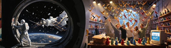 A split-image AI-generated scene: the left side shows an astronaut looking out a window at a satellite in space, while the right side depicts people cheering in a toy store with a large window.