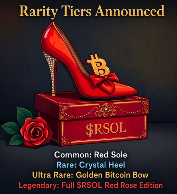 Promotional graphic titled 'Rarity Tiers Announced' showing a red high heel shoe with a Bitcoin bow on a $RSOL box, with tiers listed: Common Red Sole, Rare Crystal Heel, Ultra Rare Golden Bitcoin Bow, and Legendary Full $RSOL Red Rose Edition.