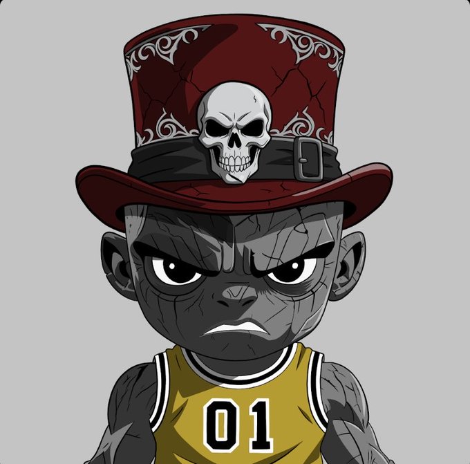 A stylized cartoon illustration of a gray-skinned, crack-textured character with a stern expression wearing a yellow jersey marked '01' and a tall red top hat adorned with a silver skull.