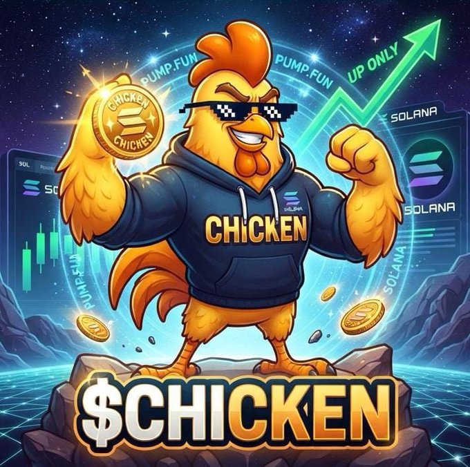 A cartoon chicken wearing pixel sunglasses and a "CHICKEN" hoodie stands triumphantly atop rocks, holding a "$CHICKEN" coin alongside an upward "UP ONLY" arrow, Solana logos, and pump.fun references—perfectly visualizing the cocky, meme-driven spirit of the community-launched Solana token described in the post.