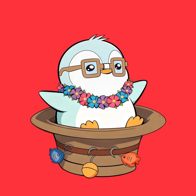 A cartoon penguin wearing glasses and a floral lei sits in a wooden bucket with small fish hanging from the rim, set against a red background.