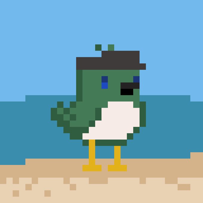 The image shows a pixel art green bird with a white belly, yellow legs, and a small black top hat, standing on a sandy beach with the ocean and sky in the background. This playful, meme-style illustration visually represents the "$BIRD" token referenced in the post, likely symbolizing affection or support for the cryptocurrency.