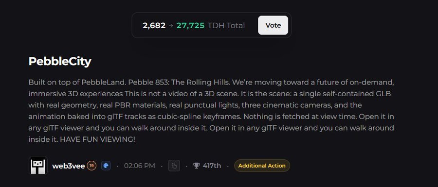 A web3vee tweet about PebbleCity, a 3D scene on PebbleLand, with 27,725 TDH Total votes.