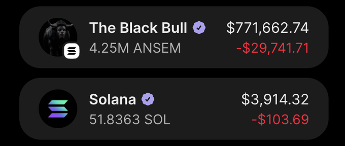 The image displays a crypto portfolio showing holdings of 4.25M ANSEM ("The Black Bull") valued at $771,662.74 (down $29,741.71) and 51.8363 SOL valued at $3,914.32 (down $103.69). It appears to be a screenshot used to showcase a crypto wallet's assets as proof of funds for a "$15 SOL GIVEAWAY" promotion requiring engagement on a quoted tweet.