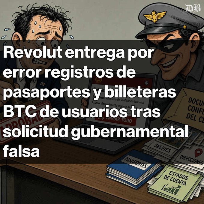 A Spanish-language cartoon graphic from 'Diario Bitcoin' with the headline 'Revolut entrega por error registros de pasaportes y billeteras BTC de usuarios tras solicitud gubernamental falsa', showing a sweating man and a sinister official.