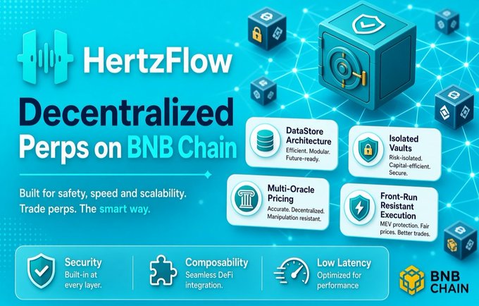 A promotional banner for 'HertzFlow' advertising 'Decentralized Perps on BNB Chain,' highlighting features like DataStore Architecture, Isolated Vaults, and Multi-Oracle Pricing.