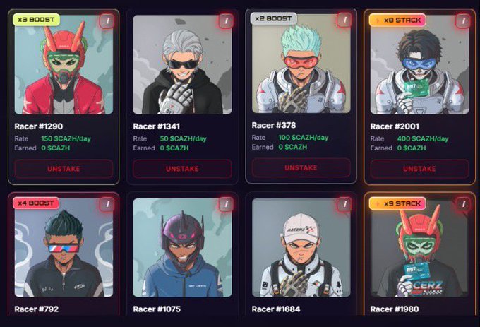 A grid of eight NFT "Racer" character cards from what appears to be a racing game, showing various characters (Racer #1290, #1341, #378, #2001, #792, #1075, #1684, #1980) with SCAZH earning rates and "UNSTAKE" buttons.