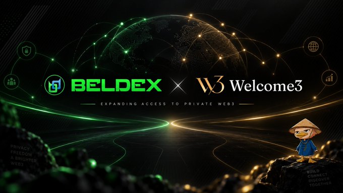 Promotional graphic showing a 'BELDEX x Welcome3' partnership with the tagline 'EXPANDING ACCESS TO PRIVATE WEB3', featuring a globe network and a cartoon bird mascot in a conical hat.